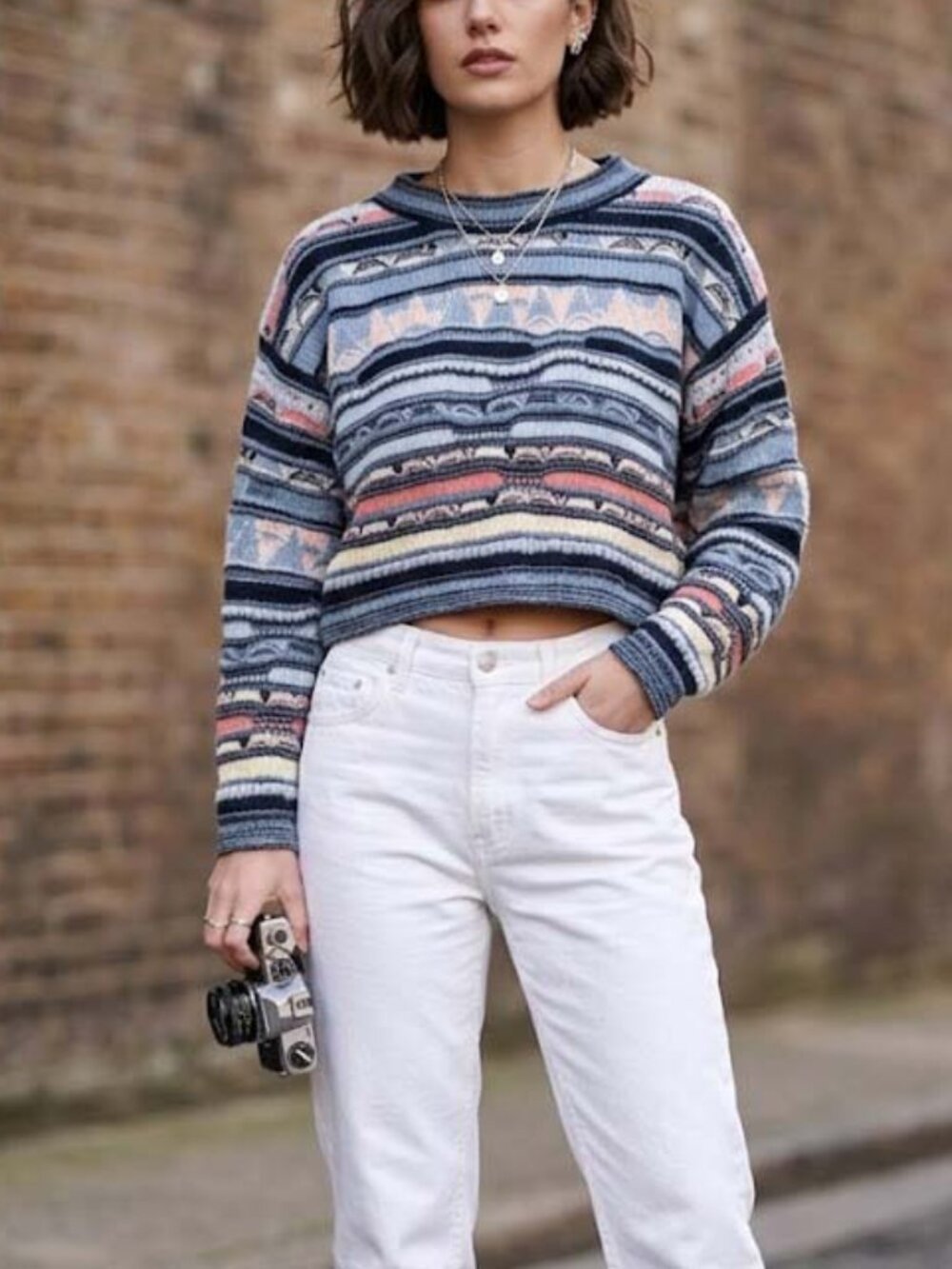 Stefano World Wide Vintage 90s Textured Knit Sweater Boxy Crop Geometric M/L